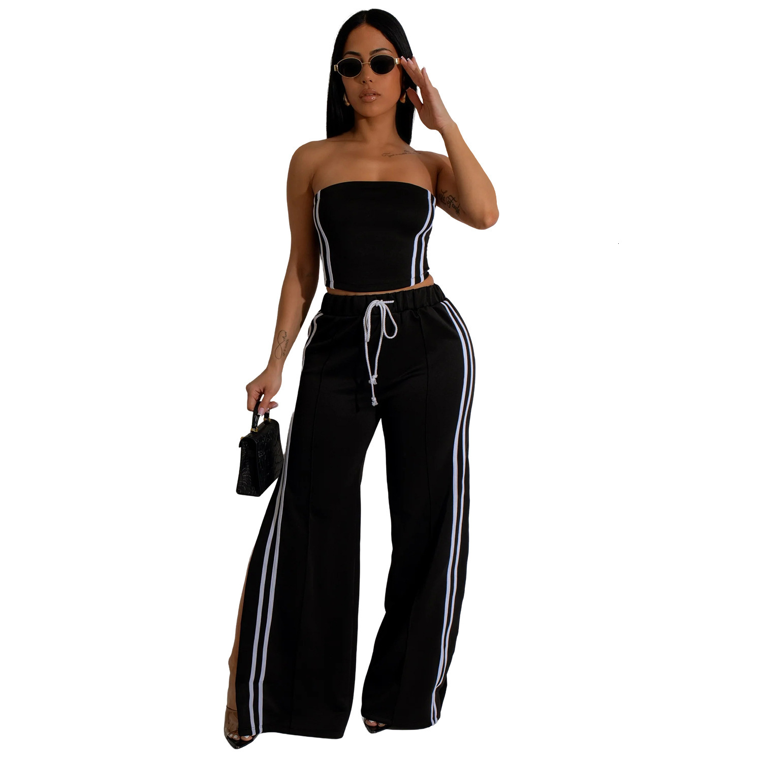 C7056 Summer Womens Outfit Sexy Strapless Top with Draped Straight-Leg Pants Fashion Set