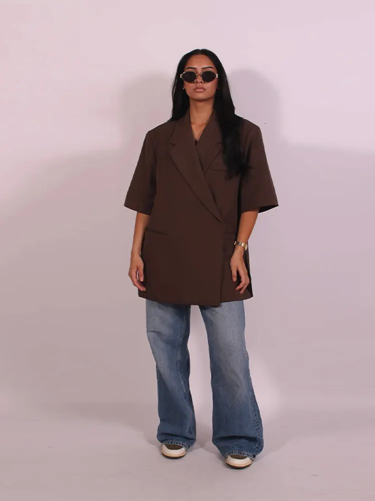 Solid Short Sleeve Office Womens Blazer Coat Lapel Button Shoulder Pad Jacket Female Summer Lady Commute Streetwear 250709