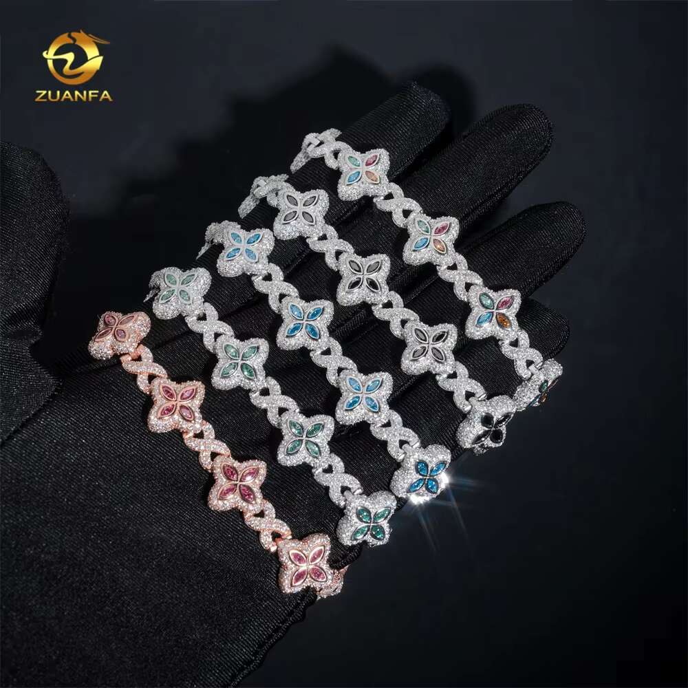 Hot Selling Colorful Hip Hop Iced Out Jewelry 15mm 925 Silver Clover Cuban Moissanite Infinity Link Bracelet for Men