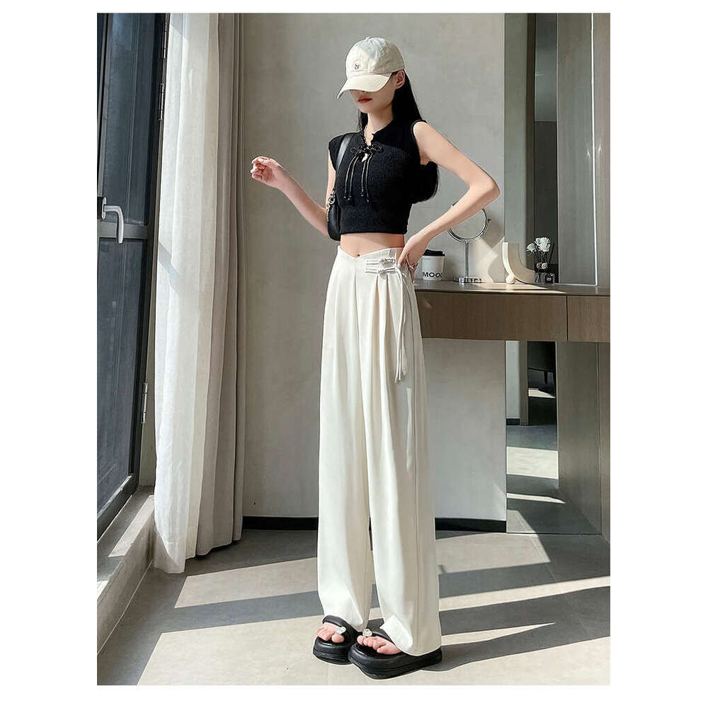 Plus Size New Chinese Style Suit Women, Summer Thin Chiffon Wide-Leg Pants, High Waist, Draped Casual Straight Pants For Petite Women B5