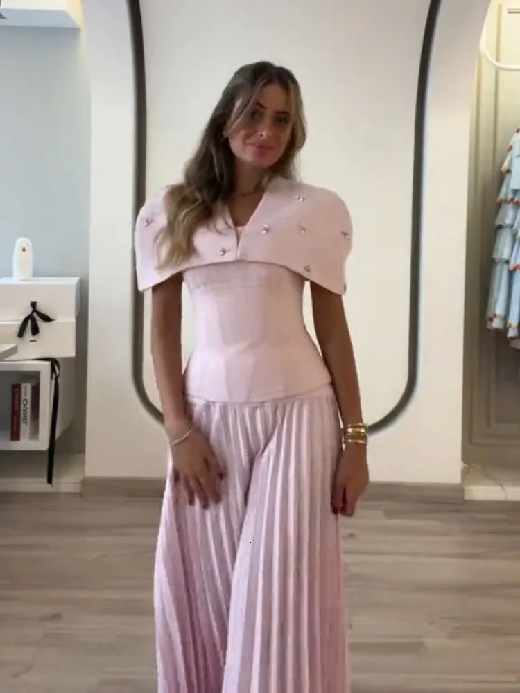 Shawl Tank Skirt Sets Women Elegant Sleeveless Pleated Diamonds Slim Vest A Line Skirts Summer Evening Lady Party Outfits 250709