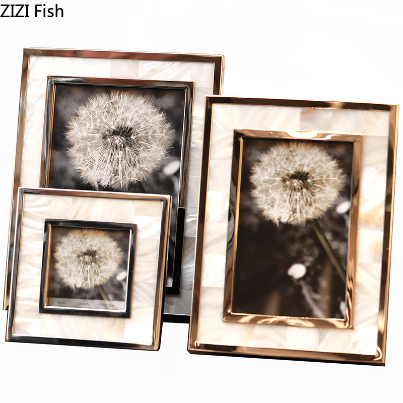 Golden Alloy Photo Frame Natural Shell Material Framed Family Portrait Nightstand Desk Decoration 4/6/7 Inch Picture Frames H260306