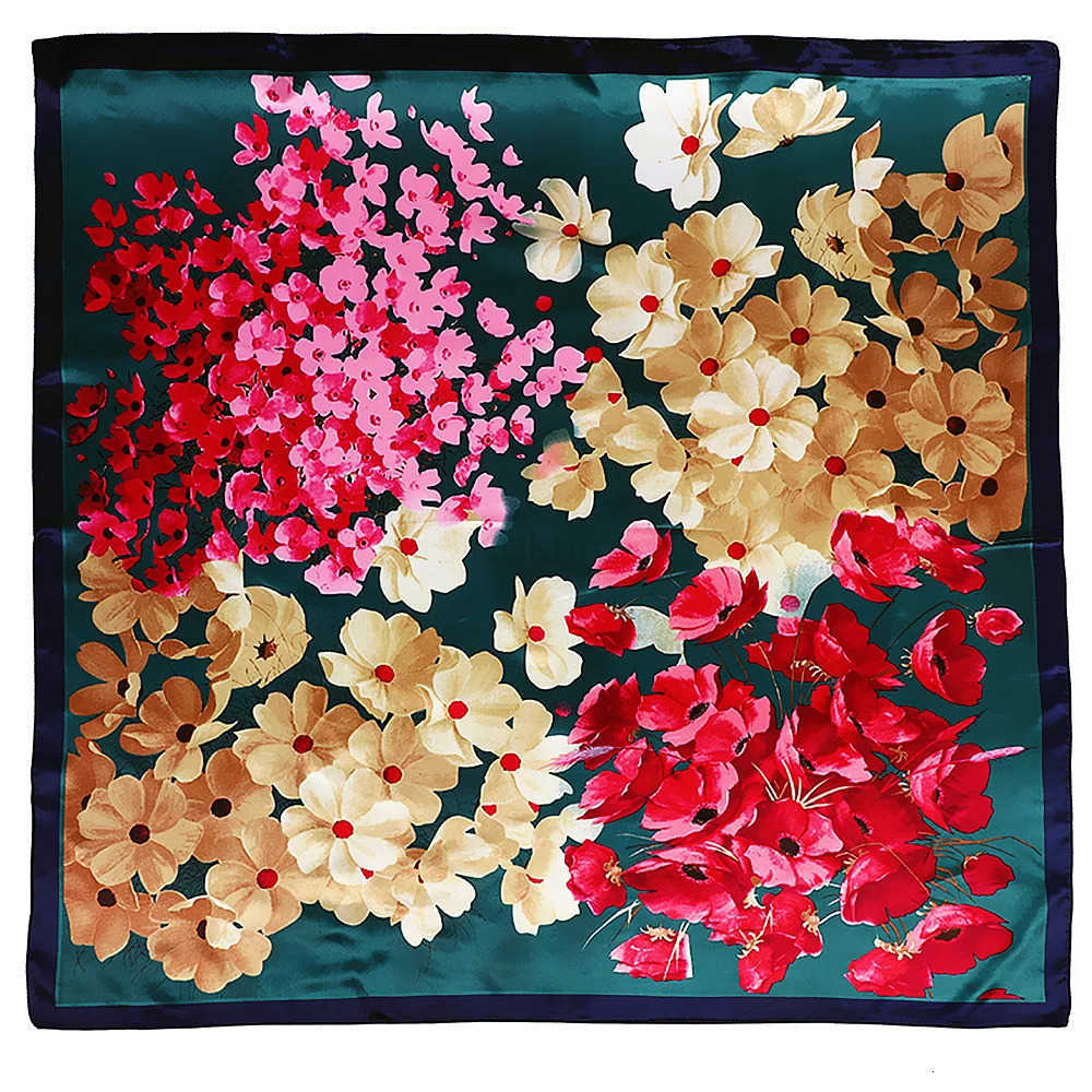 90*90cm Luxury Brand Twill Silk Large Scarf Women Fashion Flower Pattern Satin Square lady Design Handkerchief Bandanna foulard M250709