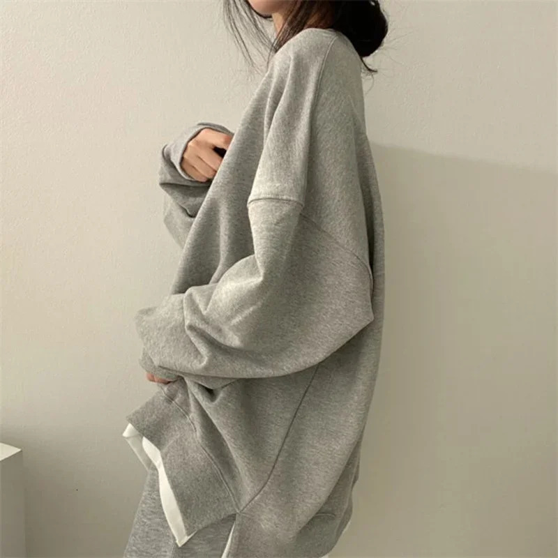 Korean Patchwork Long Sleeve Loose Hoodie Women Crewneck Simple Oversize Sweatshirt Woman Drop Shoulder Casual Sportswear Female 250709