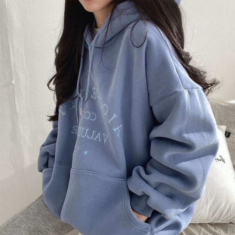 Hooded Sweatshirt For Women New Loose Fit Autumn Winter Thickened Fleece Jacket Plus Size Top Internet Celebrity B5