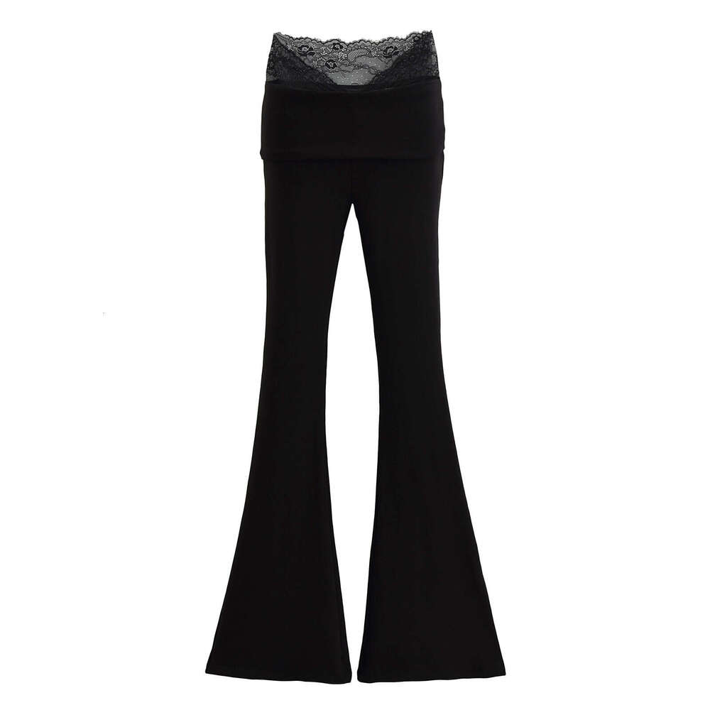 V-Waist Lace Patchwork Slim Fit Bodycon Draped Flared For Women Summer Stretchy Tight High Waist Slimming Casual Long Pants B5