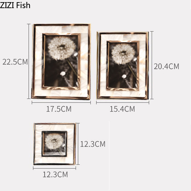 Golden Alloy Photo Frame Natural Shell Material Framed Family Portrait Nightstand Desk Decoration 4/6/7 Inch Picture Frames H260306