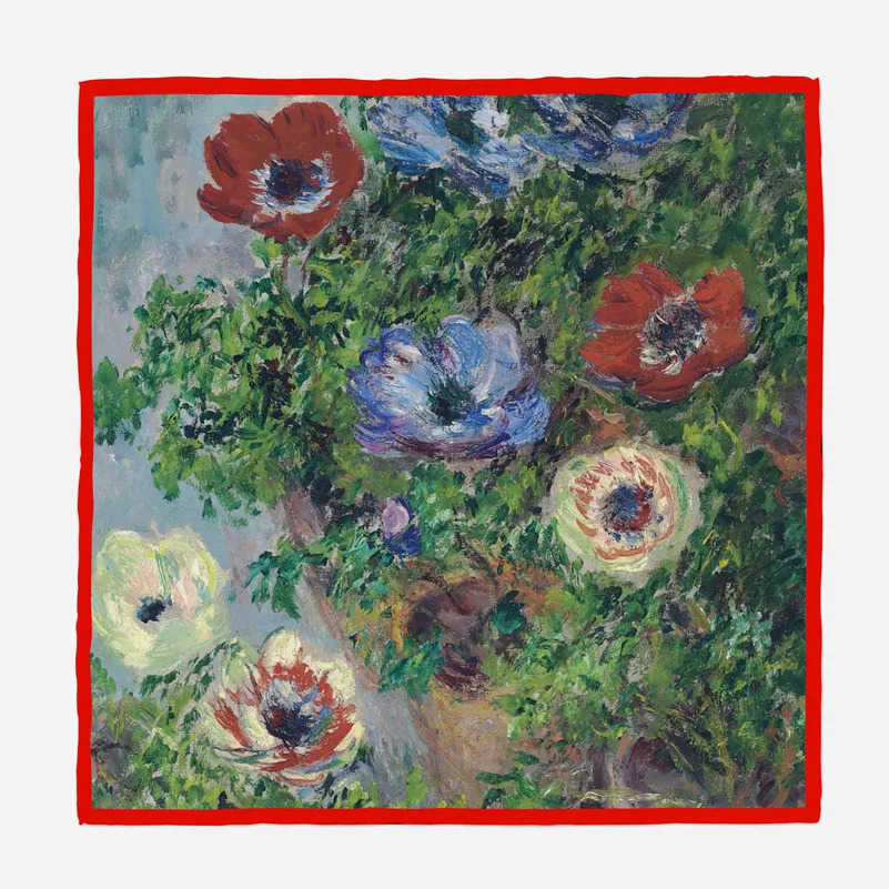 Monet Oil Painting Anemone Twill Silk Scarf Fashion Bandana Women Scarf Wraps 53cm Square Scarves Hijab Scarf Neckerchief M250709