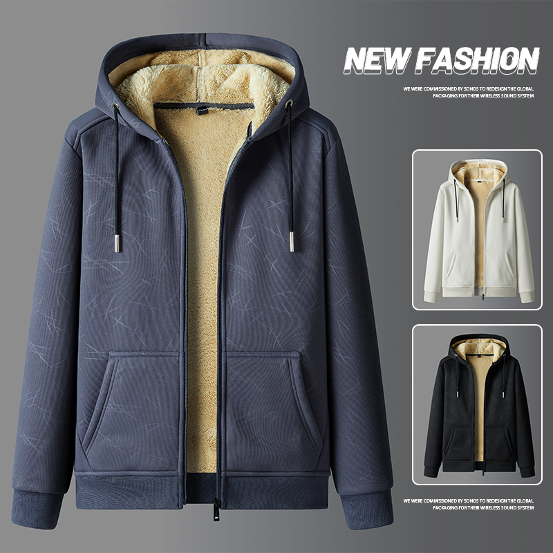 Cross border lambskin men's hoodie with thickened fleece for autumn and winter, hooded sportswear, casual cardigan, and warm jacket