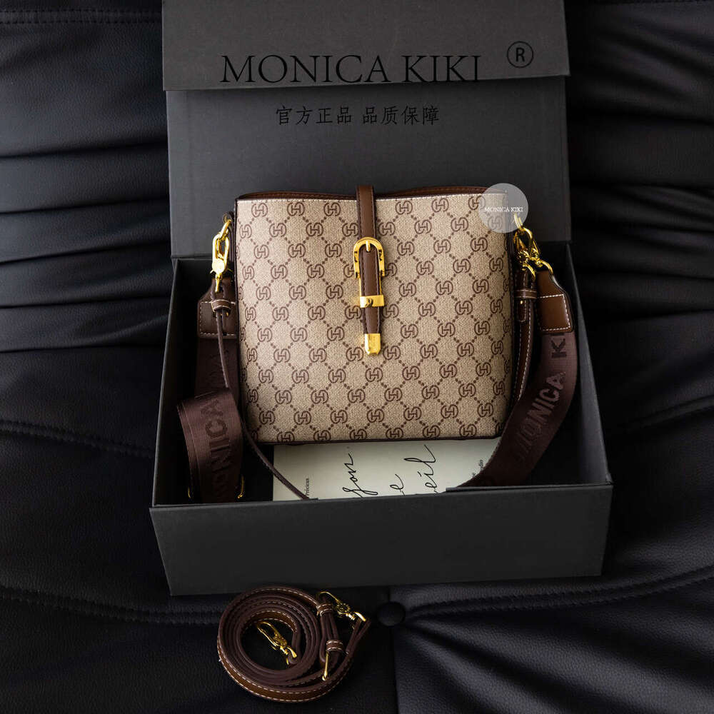 Monica Qiqi Light Gray Monogram Large Capacity Bucket Bag for Women 2025 New Single Shoulder