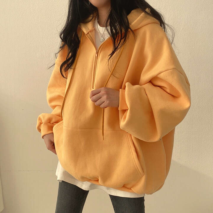Trendy Pullover Zipper Hoodie For Women, Ins Style, Long Student Loose Fit, Spring Autumn Winter Fleece, Korean Version, Thin Style B5
