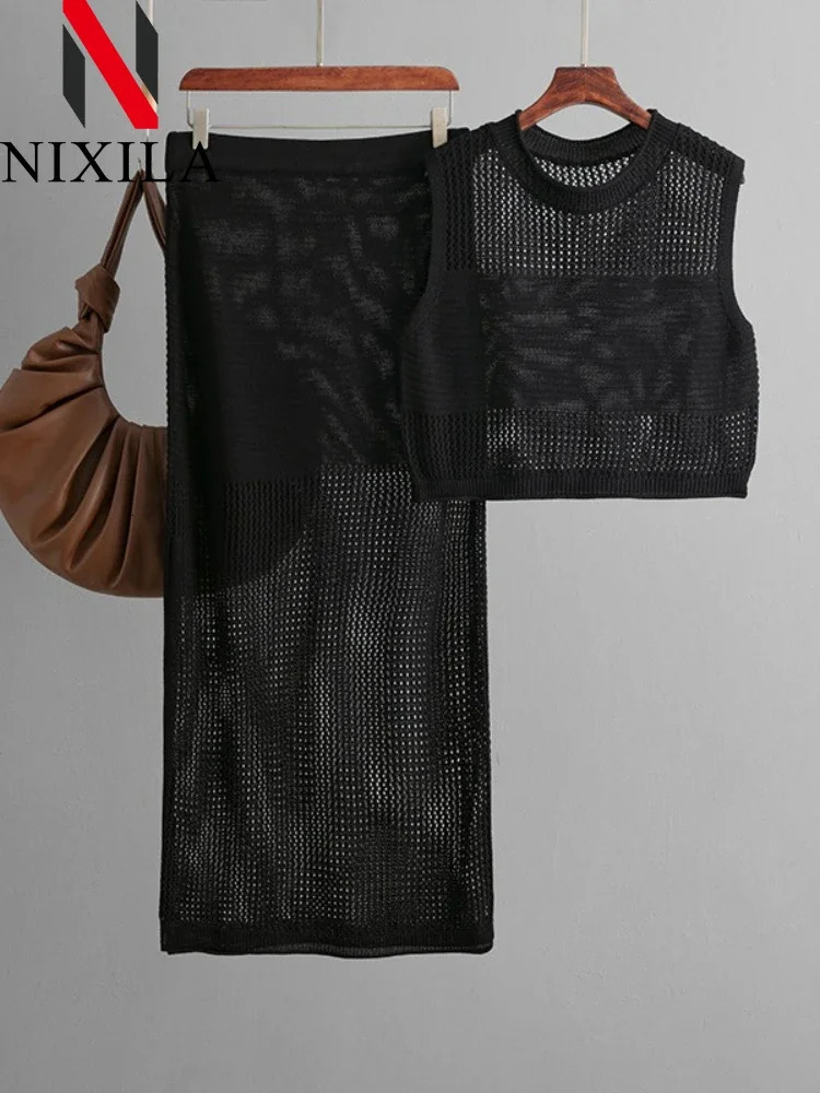 Spring Summer Hollow Out Beach Skirts Outfits for Women Knit Tank Tops with Slit Sexy Long Sets 2 Piece 250709