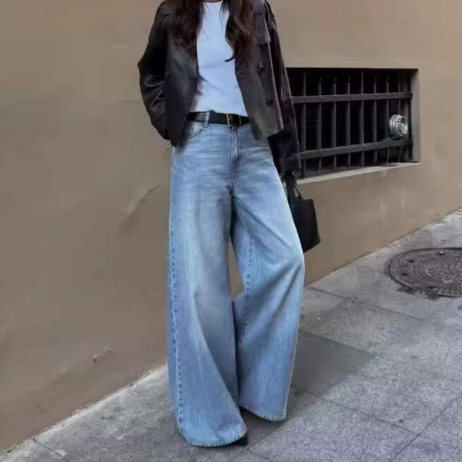 American Style INS Hot Girl Low Waist Loose Slimming Wide Leg Jeans Women Washed Versatile Denim Flared Floor-Length Pants B5