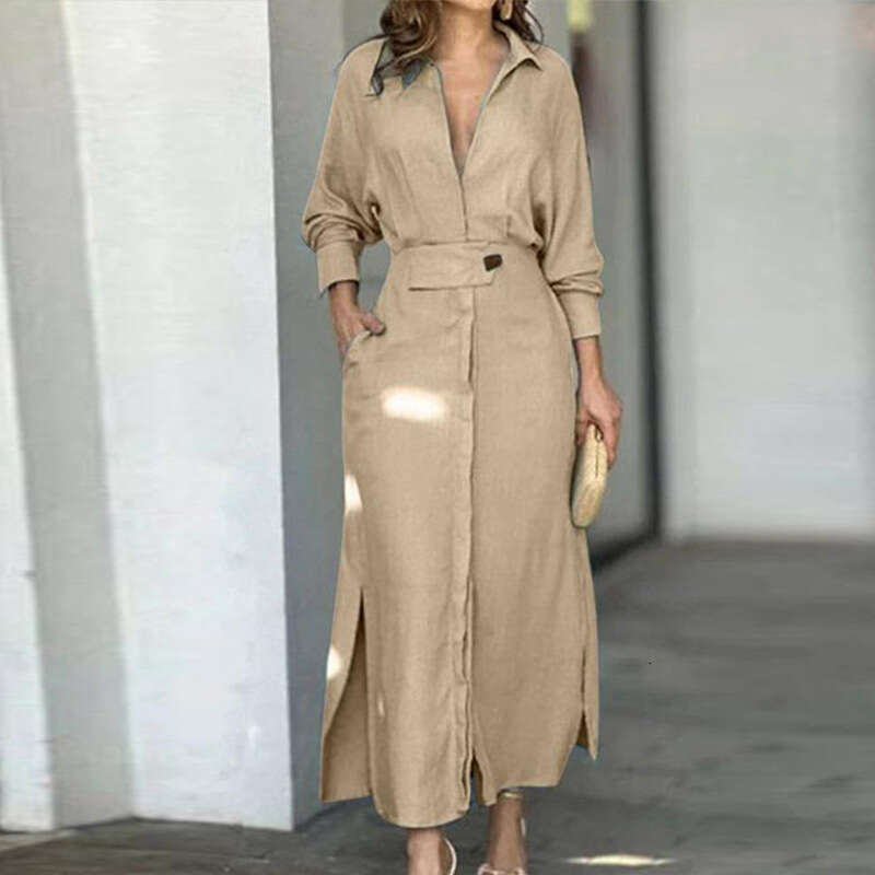 New Women's Fashion Elegant V-Neck Solid Color Button Waist-Cinching Long Sleeve Irregular Shirt Dress B5