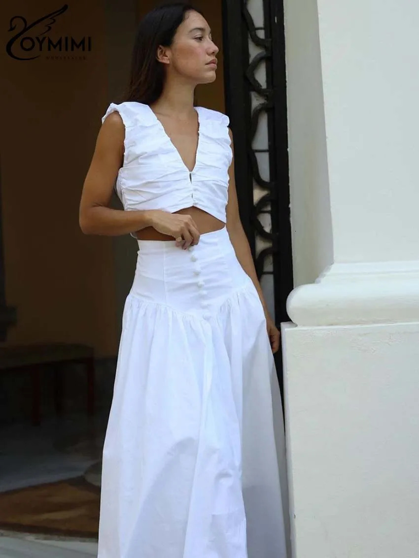 Oymimi Fashion White Cotton Sets Womens 2 Piece Elegant VNeck Sleeveless Crop Tops And Loose Button AnkleLength Skirts Sets 250709