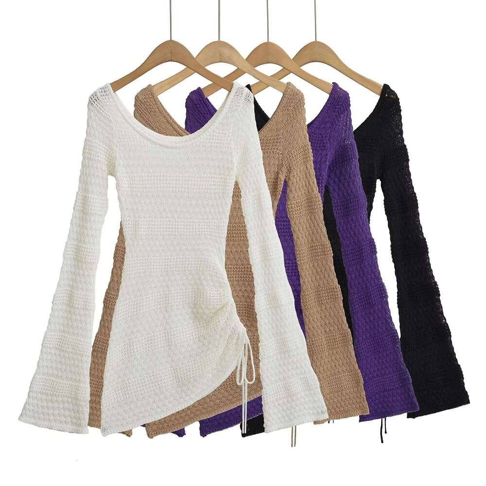 Autumn New Hot Girl Lazy Style Round Neck Hollow Out Flared Sleeve Sweater Women Waist-Cinching Knitted Cover-Up Top B5