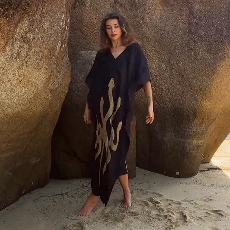 2025 Year of the Snake New Beach Dress for Women V-neck Pullover Bikini Cover-up Printed Sun Protection Clothing