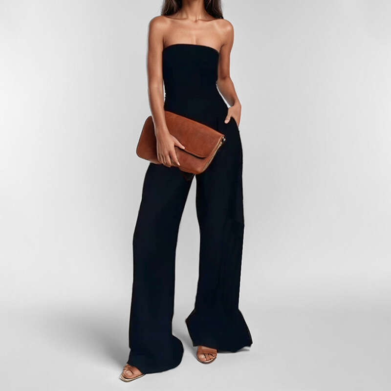 Summer New Women's Fashion Elegant Casual Solid Color Round Neck Slim Straight Jumpsuit B5