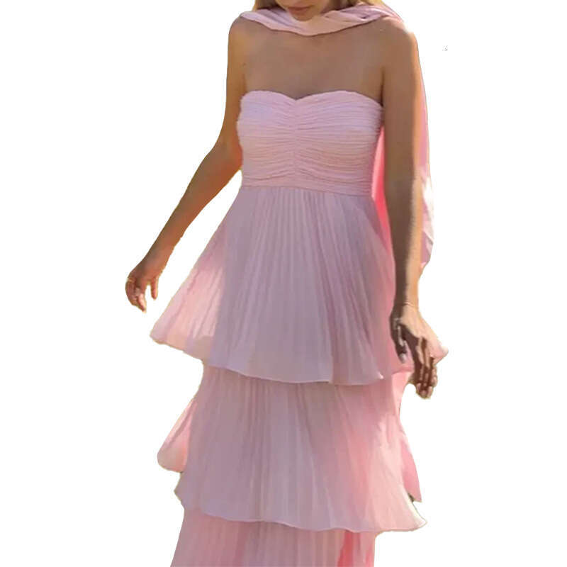 Women's Fashion Elegant Fashionable Sexy Solid Color Pleated Vacation Long Dress B5