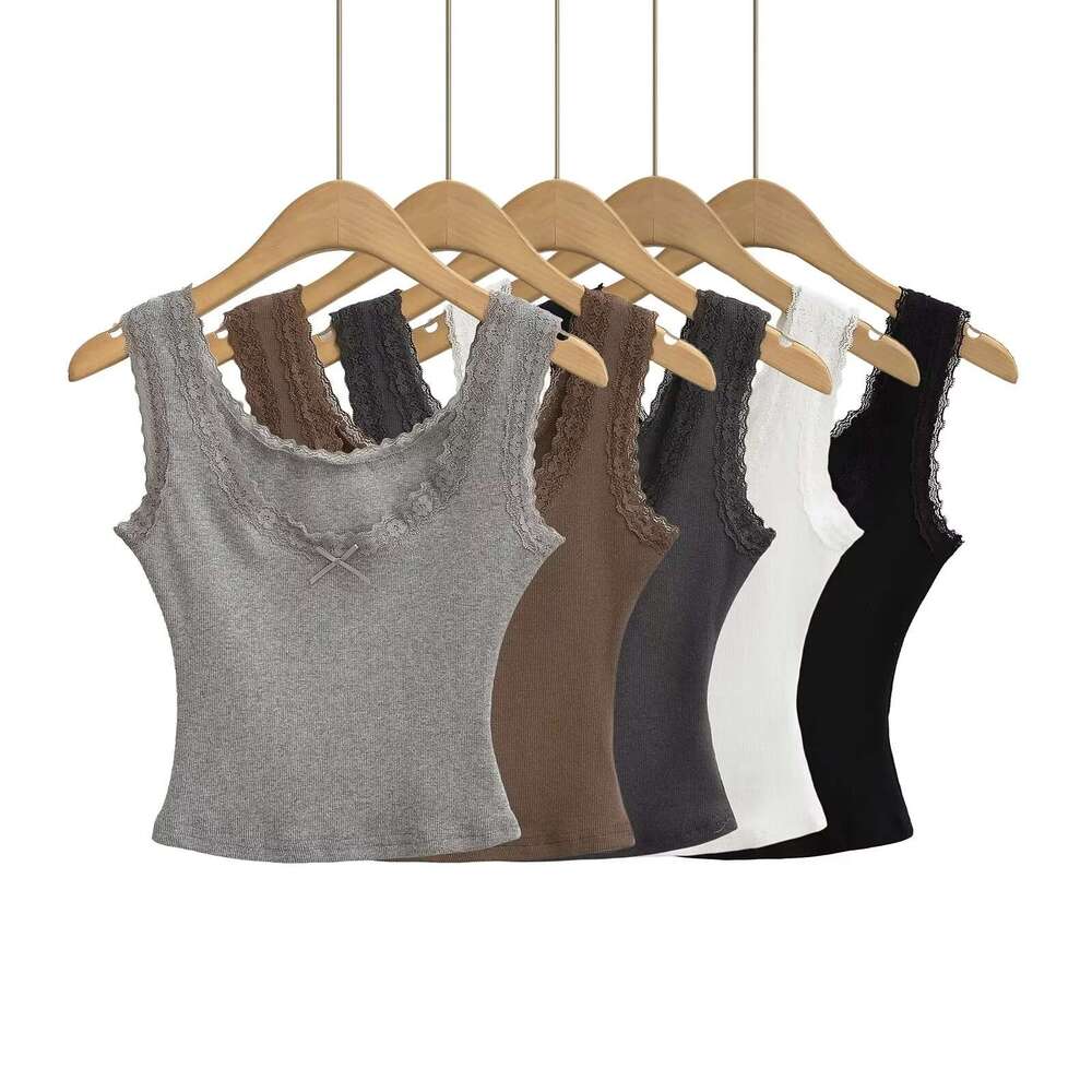 Summer Hot Girl Low Round Neck Lace Trim Bowknot Tank Top Women Short Elastic Slim Fit Sleeveless Camisole B5