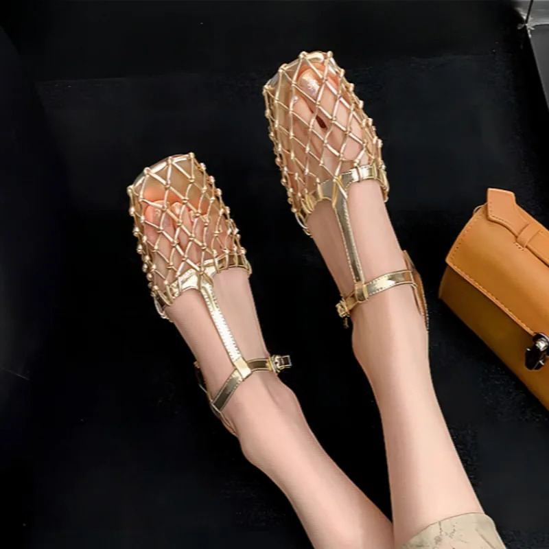 Women Weave Mesh Sandals Square Toe Low Heels Mules Shoes Open Woman Summer 2025 Trend Dress y Pumps Mujer 250703