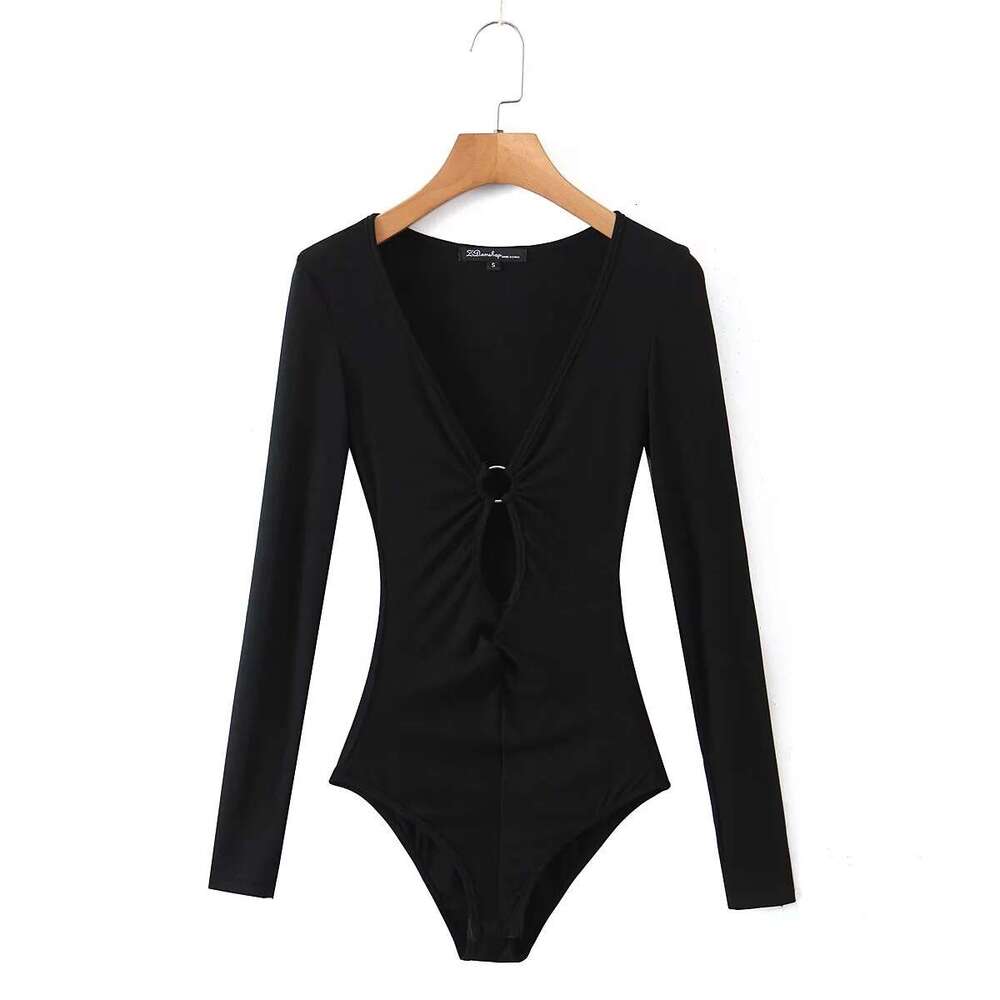 Ins Hot Girl Sexy Low-Cut Tight Hollow Out Jumpsuit Women Solid Color Slim Fit Long Sleeve Base Shirt T-Shirt B5