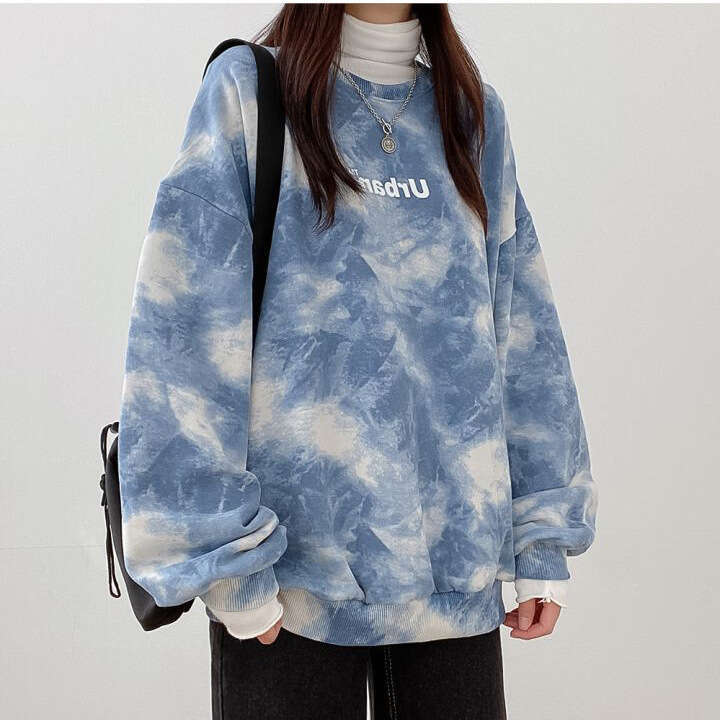 Cotton Tie-Dye Sweatshirt For Women, Loose Korean Style Top, Versatile Student Letter Print, Spring And Autumn Mid-Length Coat B5