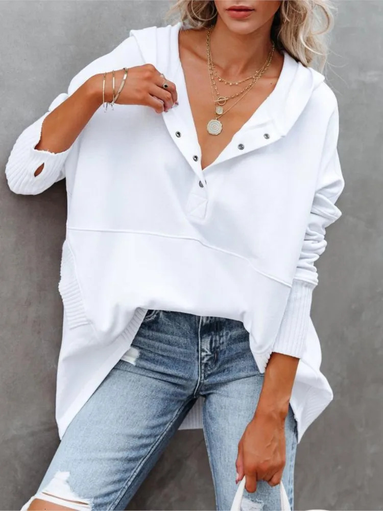 Casual Loose White Women Sweatshirt Autumn Winter Vneck Hooded Batwing Sleeve Hoodie Threaded Splicing Top For Pullovers 250709