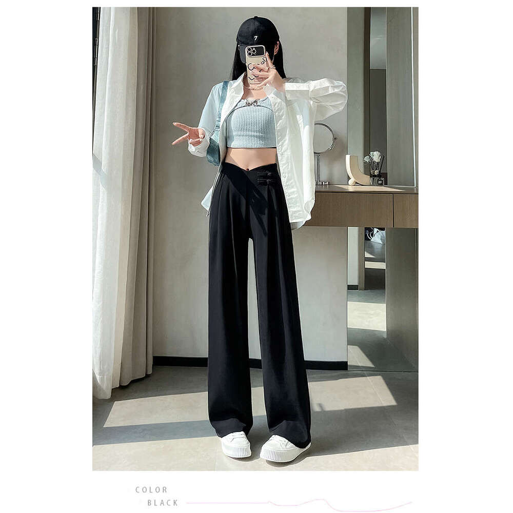 Plus Size New Chinese Style Suit Women, Summer Thin Chiffon Wide-Leg Pants, High Waist, Draped Casual Straight Pants For Petite Women B5