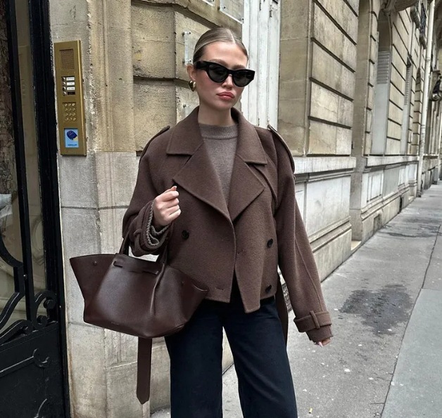 Womens Casual Loose Double-Buckle Turn-Down Collar Elegant Woolen Coat