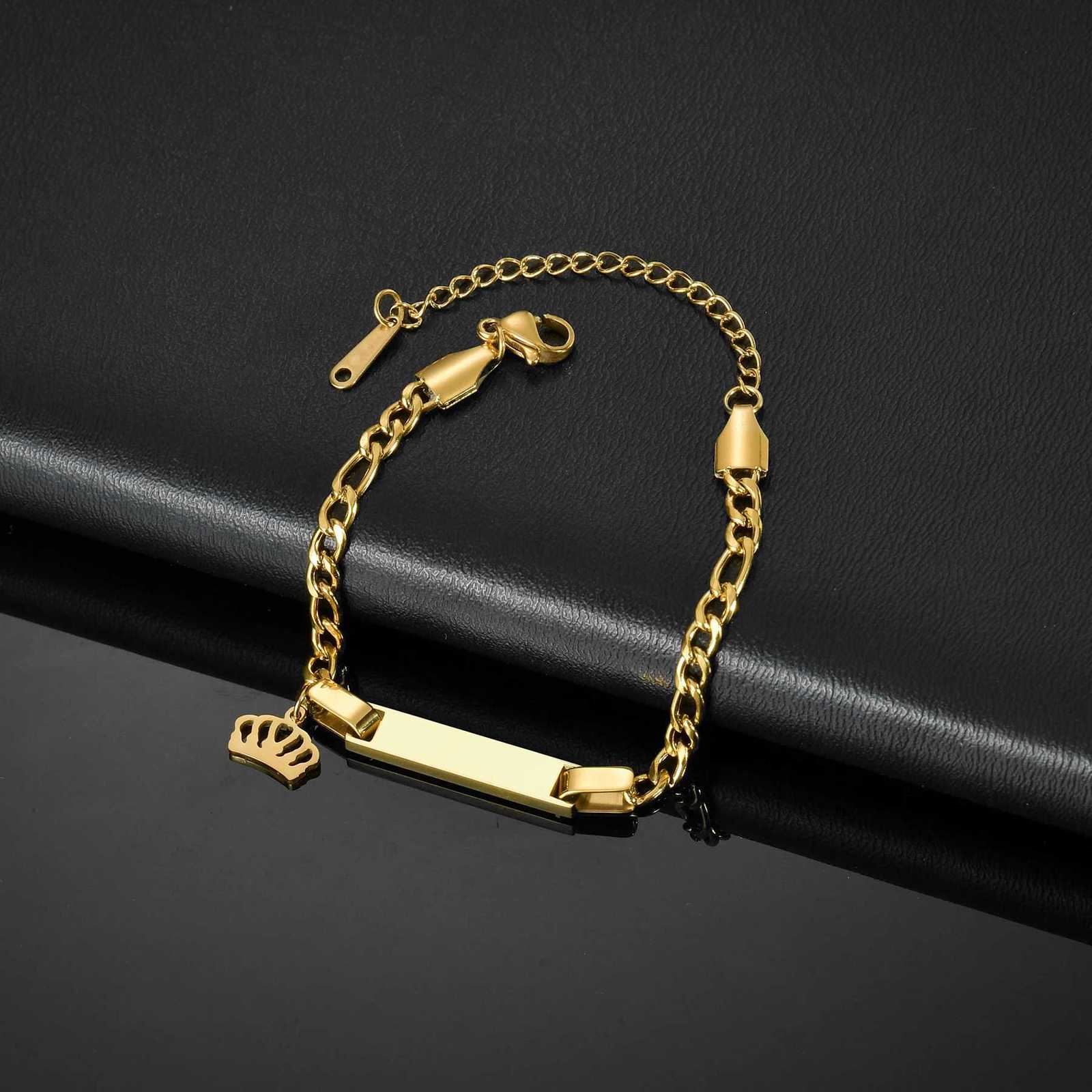 Akizoom Punk Newborn Baby Bracelets Hip Pop Gold Color Stainless Steel Figaro Chain Blank Bar Kids Bracelet Jewelry Birthday Gift W250709