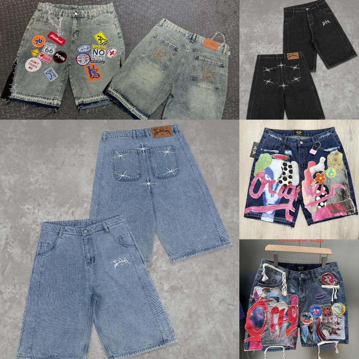 Streetwear Fitness Baggy Denim Shorts Men Women Harajuku Hip Hop Cartoon Graphic Patch Jean Shorts Gothic Retro Blue Short Pants