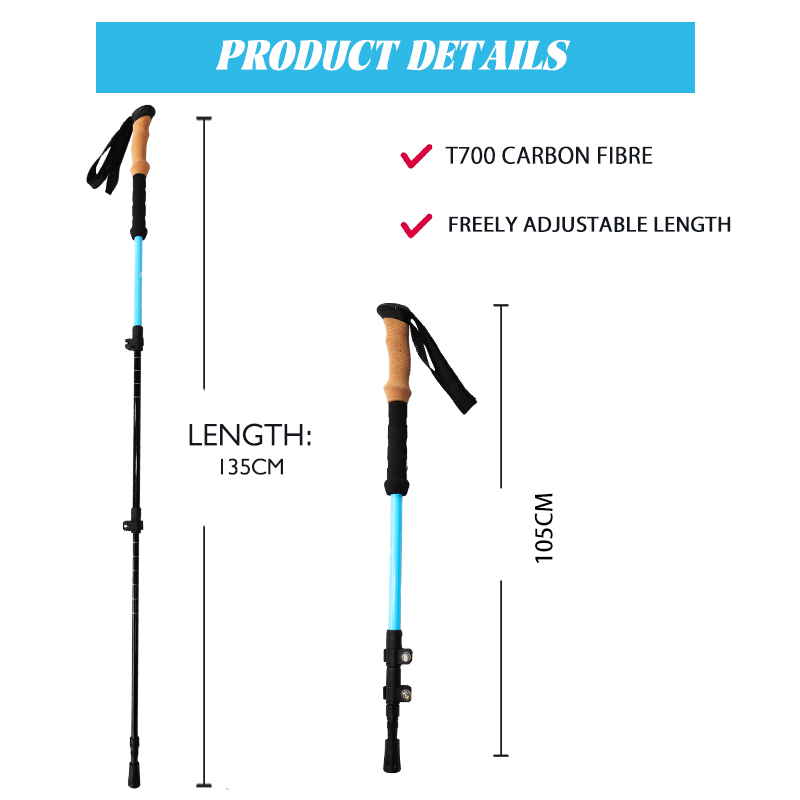 OKHEALING Carbon Fiber Trekking Poles 3 Section Ultra-light Folding Cane Portable Walking Stick with EVA Handle for Off-road, Camping, Mountaining, Ba