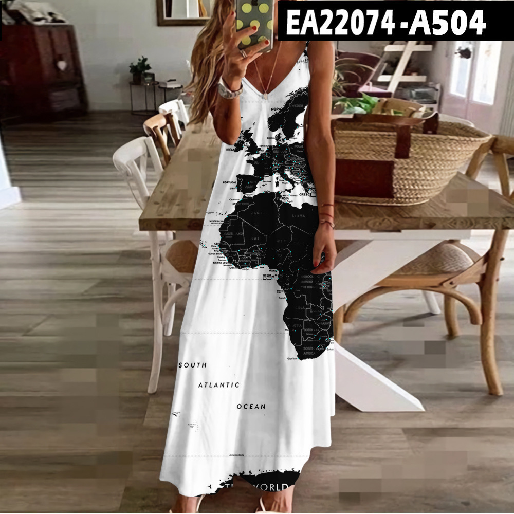 New Summer Map High Waist Slimming Dress Personality Series Strap Bodycon Dress 250121