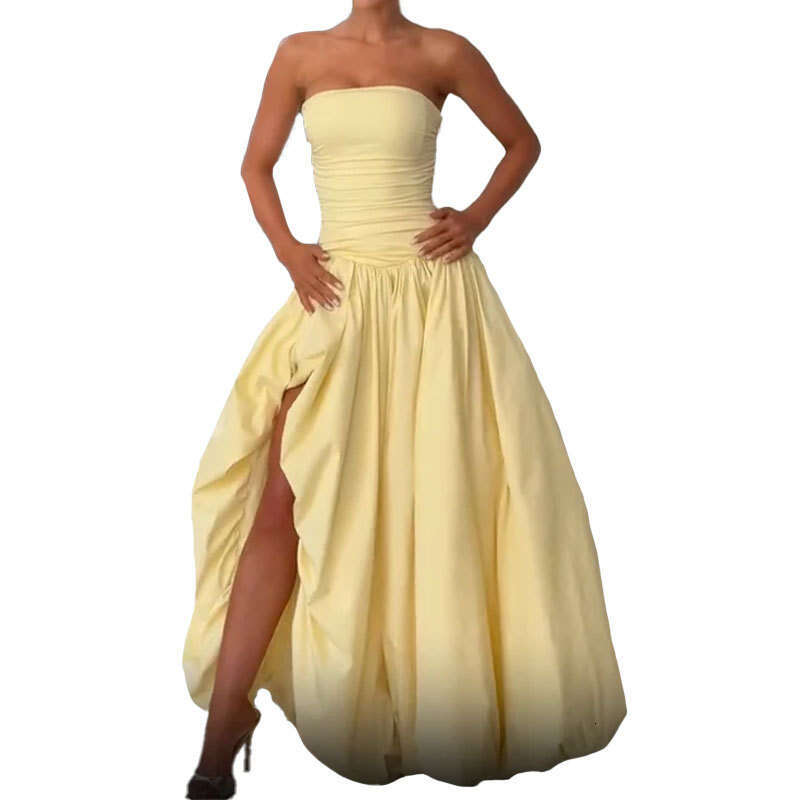 Summer New Women's Strapless Split Tie Solid Color Elegant Fashion Dress B5