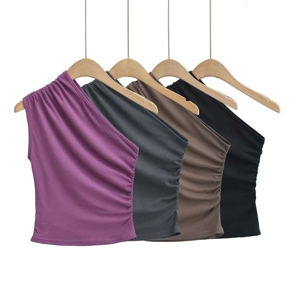 American Style Ins Hot Girl Women Summer Stretch Slim Fit Solid Color Ruched Off-Shoulder Vest Sleeveless Top B5