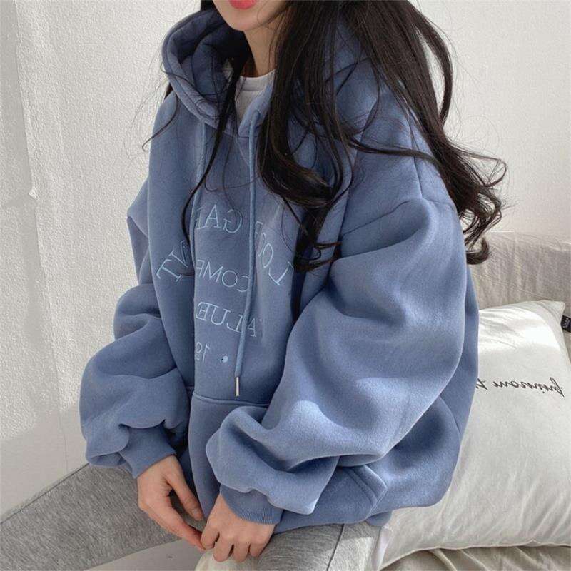 Hooded Sweatshirt For Women New Loose Fit Autumn Winter Thickened Fleece Jacket Plus Size Top Internet Celebrity B5