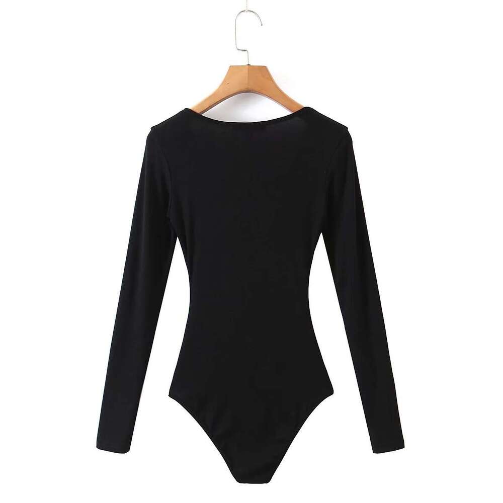 Ins Hot Girl Sexy Low-Cut Tight Hollow Out Jumpsuit Women Solid Color Slim Fit Long Sleeve Base Shirt T-Shirt B5