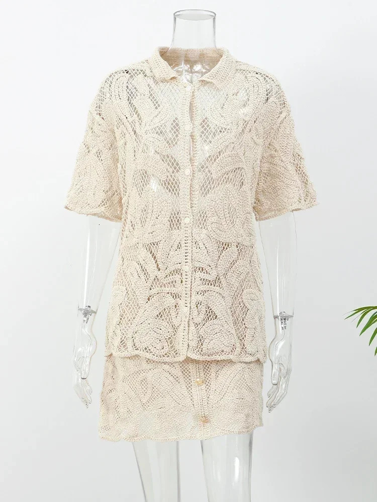 100% Cotton Women Hollow Out Knitted Skirt 2 Pieces Set Loose V Neck Short Sleeve Single Breasted Tops Sets Summer Office Streetwear 250709