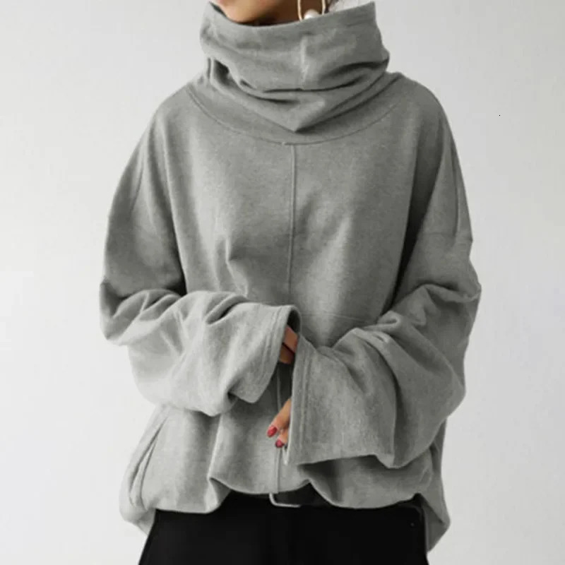 Spring Women Sweatshirt Black Turtleneck Long Sleeve Pockets Loose Hoodies Female Winter Trendy Casual Ladies Clothes 250709