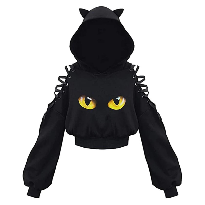 Y2k Gothic Womens Hoodie Cat Ear Crop Top Hooded Sweatshirt Hollow Out Lace Up Long Sleeve Hodded Casual Pullover Autumn 250709