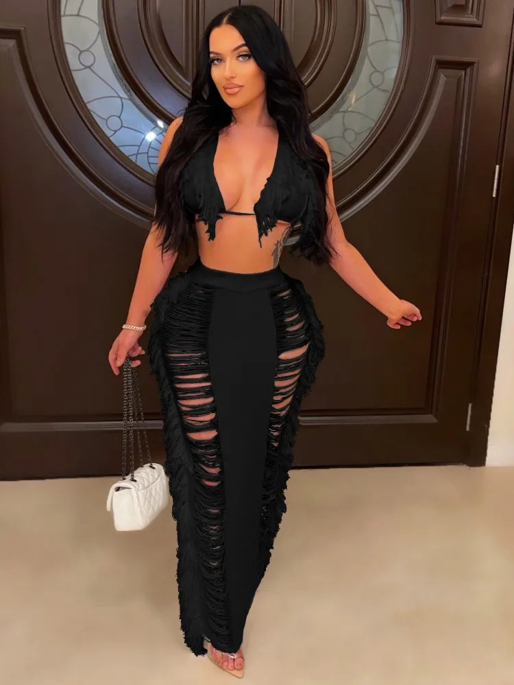 JRRY Sexy Women Knitted Set Halter Backless Crop Top Tassel Skirt Crochet Two Pieces Hollow Out Crocheted Beach Dress Set 250709