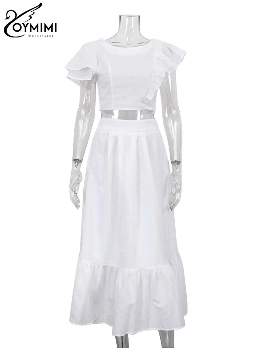 Oymimi Fashion White 2 Piece Sets Women Outfit Elegant ONeck Ruffled Asymmetrical Crop Tops And High Waist Loose Skirts Sets 250709