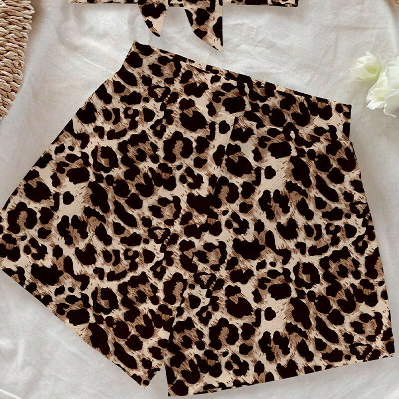 Summer Vacation Style Leopard Print Strapless Short Set Hot Girl Two-Piece Outfit For Women B5