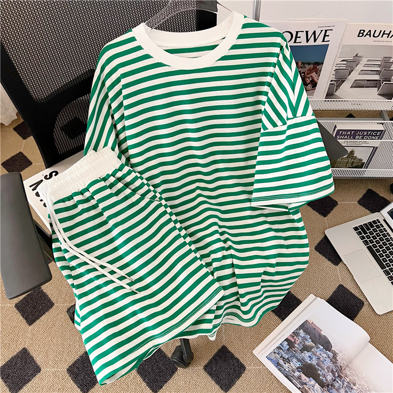Women's Two-Piece Striped Casual Sportswear - Casual Student Wear for Her: Easy Fit Cotton Stripe Jumpsuit Style Outfit Featuring Comfortable Loo