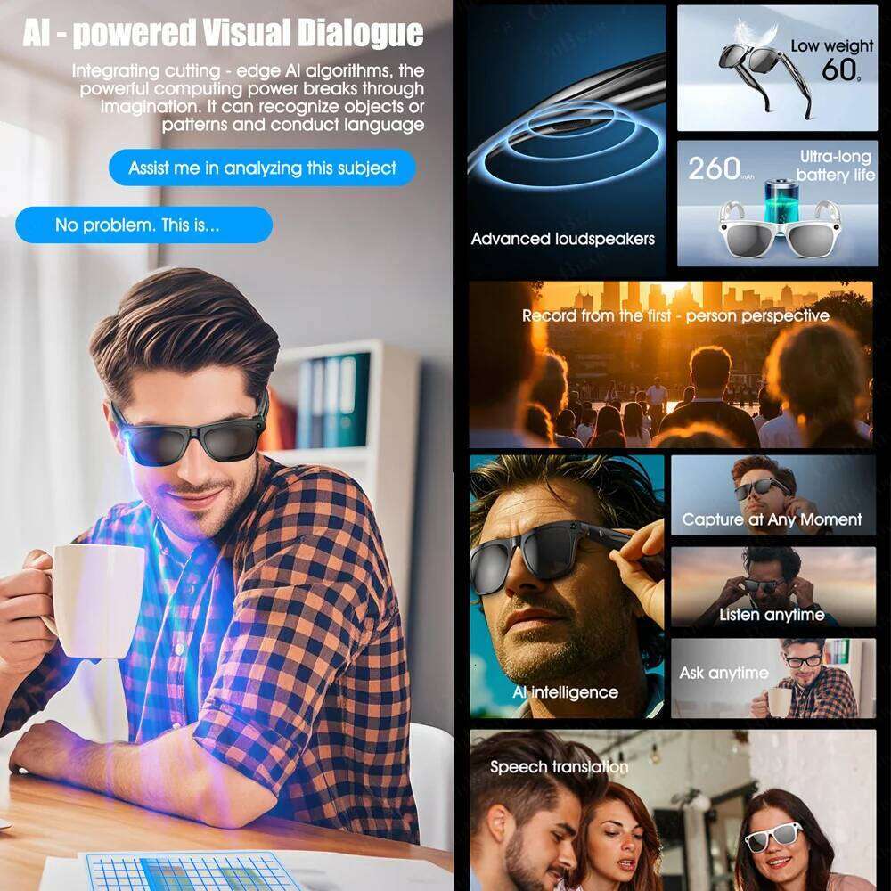 2025 Fashion AI 100Mp Camera Waterproof Bluetooth Call Playing Music Smart Glasses Identify Pictures Use Chatgpt