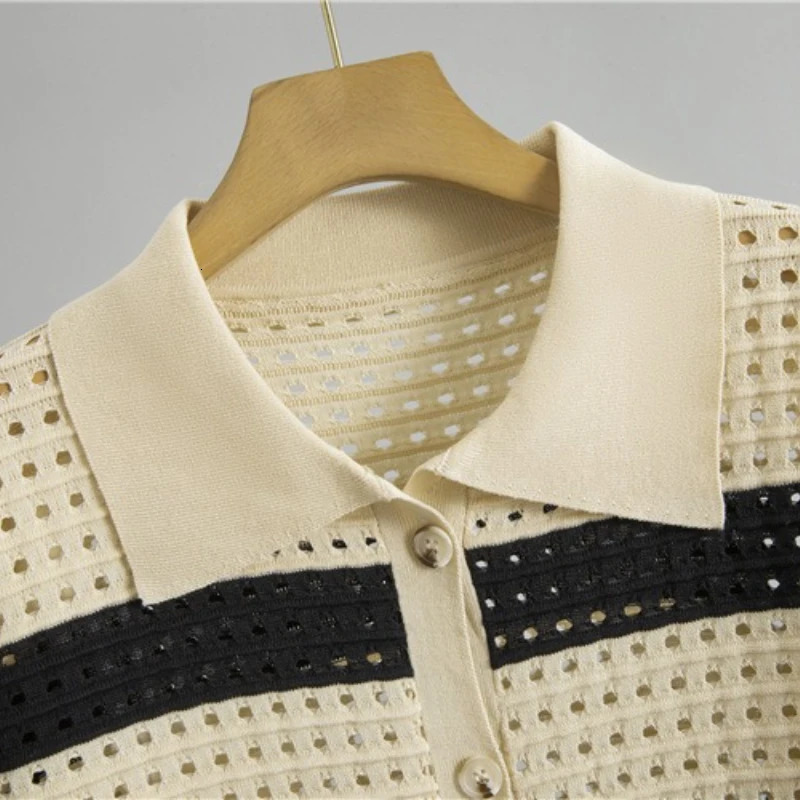 Fashion Lapel Neck Knit Loose TopLong Skirt Sets Knitted Casual Two Pieces in Summer Hollow Out Beach Suits 250709