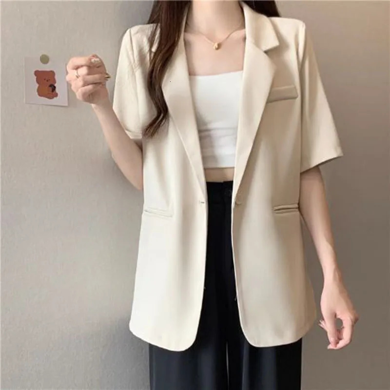 White Shortsleeved Blazer Jacket Women Summer Chic Single Button Notched Collar Outerwear Ladies Korean Loose Office Suit Coat 250709