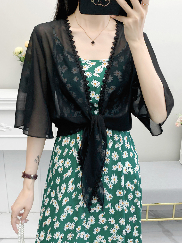 K1287 Chiffon cardigan top jacket thin summer with suspender skirt outer wear short small shawl women's versatile blouse