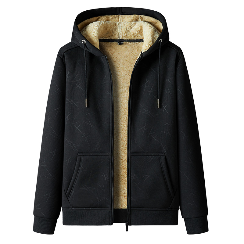 Cross border lambskin men's hoodie with thickened fleece for autumn and winter, hooded sportswear, casual cardigan, and warm jacket